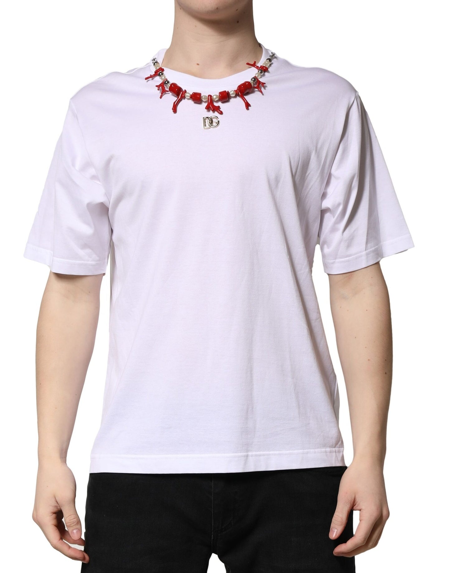 Dolce & Gabbana White Embellished Cotton Crew Neck T-shirt