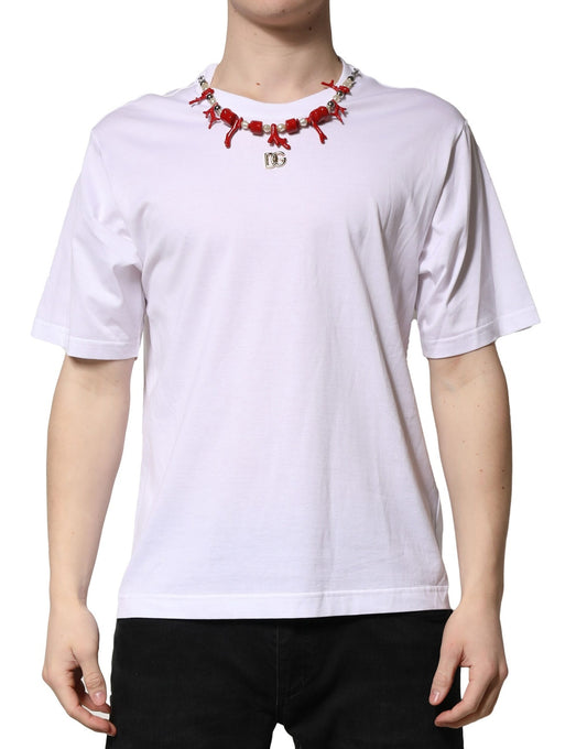 Dolce & Gabbana White Embellished Cotton Crew Neck T-shirt