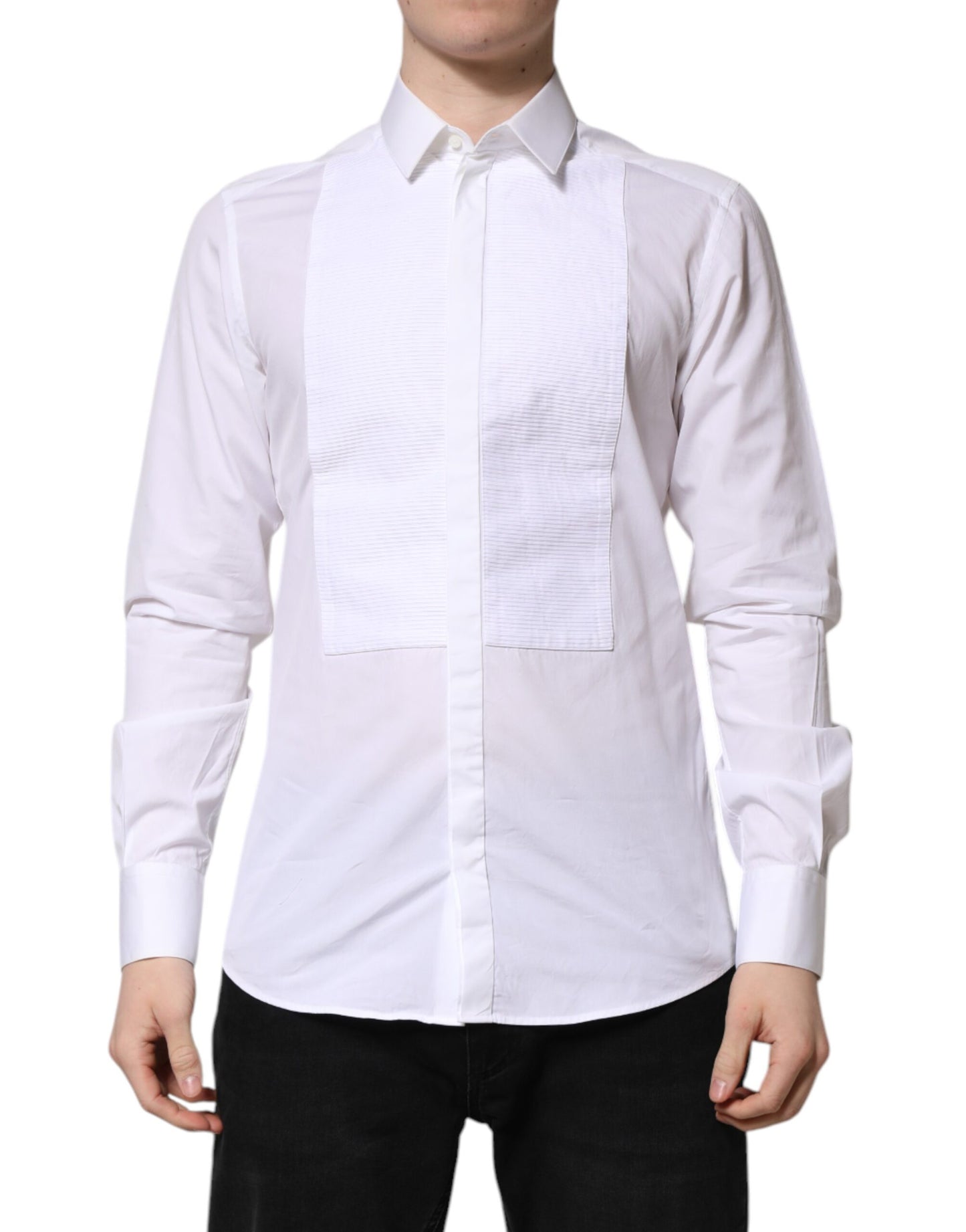 Dolce & Gabbana White GOLD Cotton Bib Dress Formal Shirt