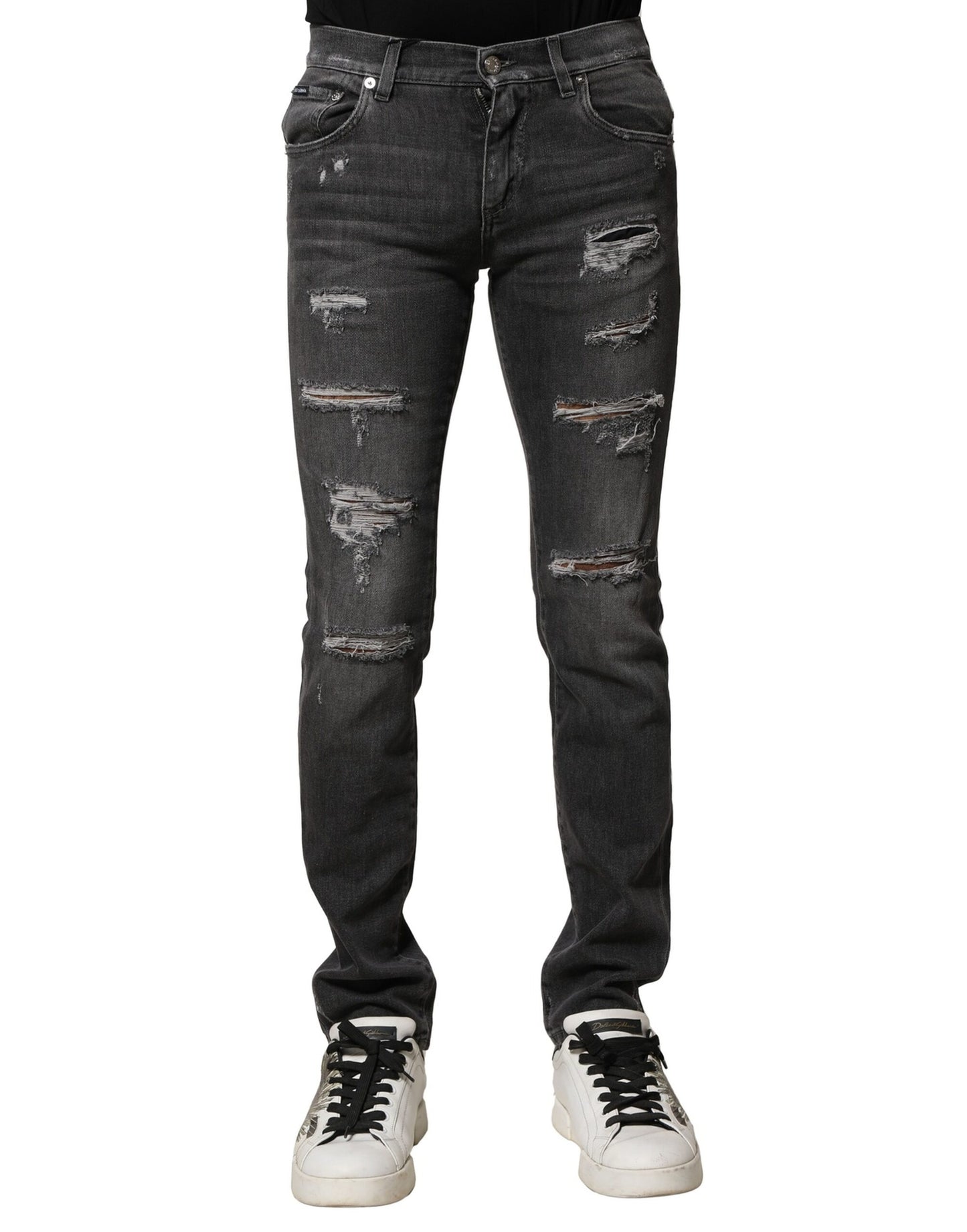 Dolce & Gabbana Black Washed Tattered Slim Fit Denim Jeans