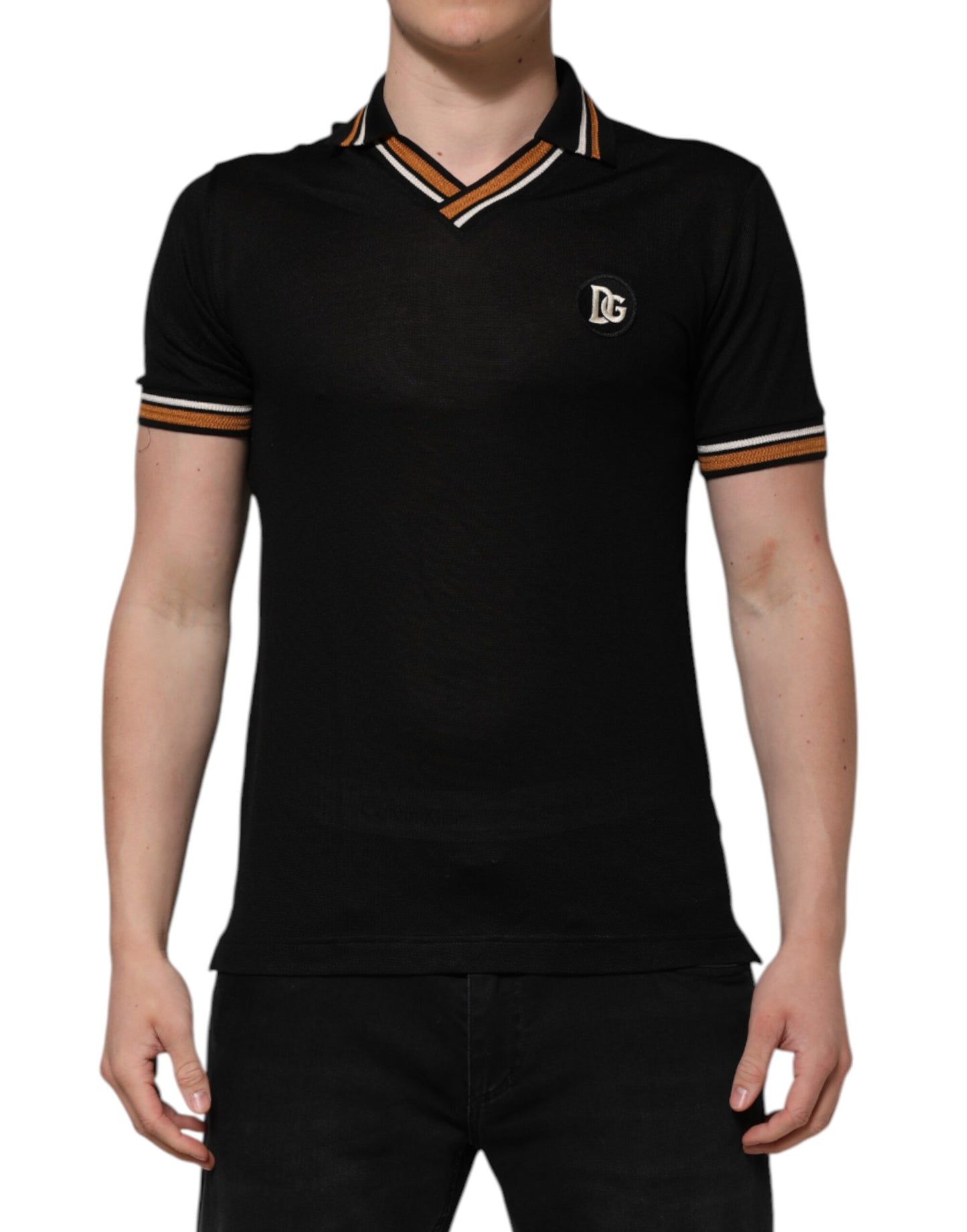 Dolce & Gabbana Black DG Silk V-neck Collared Men Polo T-shirt