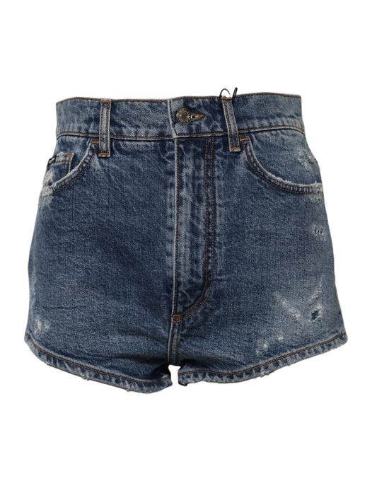 Dolce & Gabbana Blue Tattered Denim Cotton Hot Pants Shorts