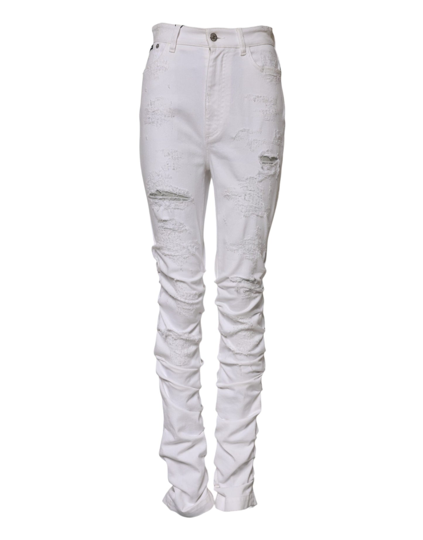 Dolce & Gabbana White Tattered Cotton High Waist Denim Jeans
