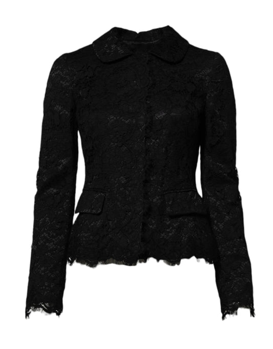 Dolce & Gabbana Black Floral Lace Cotton Collared Jacket