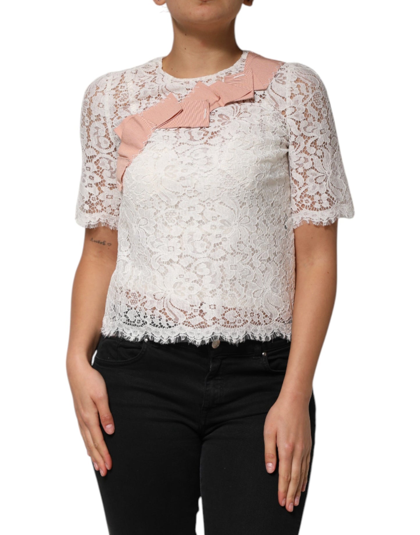 Dolce & Gabbana White Floral Lace Short Sleeves Blouse Top