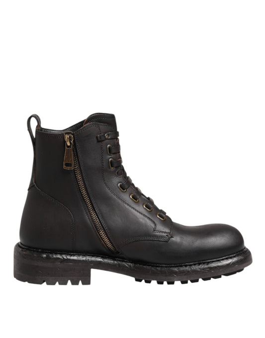 Dolce & Gabbana Dark Brown Leather Lace Up Mid Calf Boots Shoes