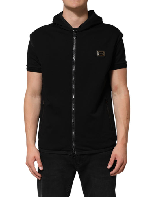 Dolce & Gabbana Black Sleeveless Hooded Logo Plaque Jacket