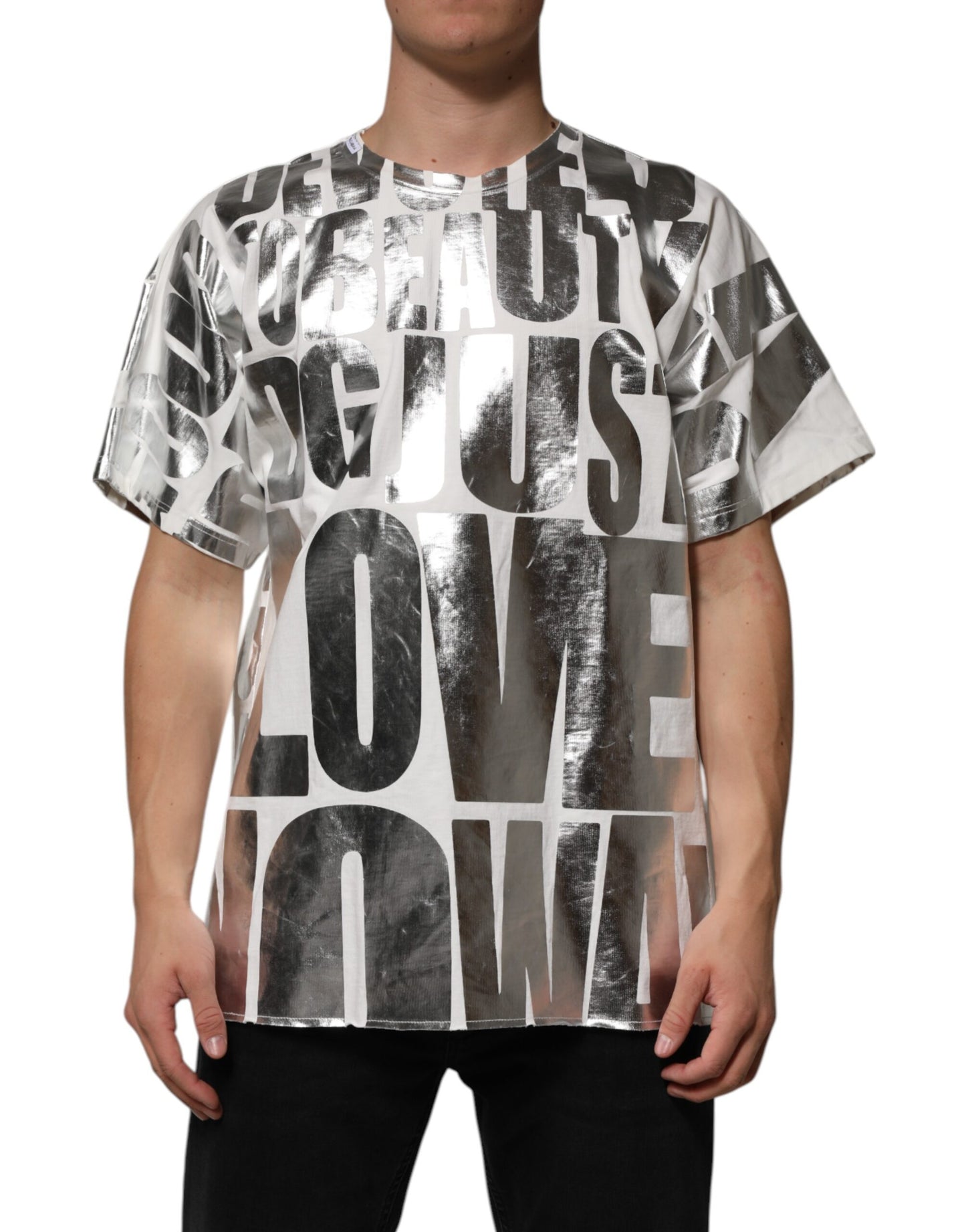 Dolce & Gabbana White Cotton Silver Metallic Slogan Print T-shirt