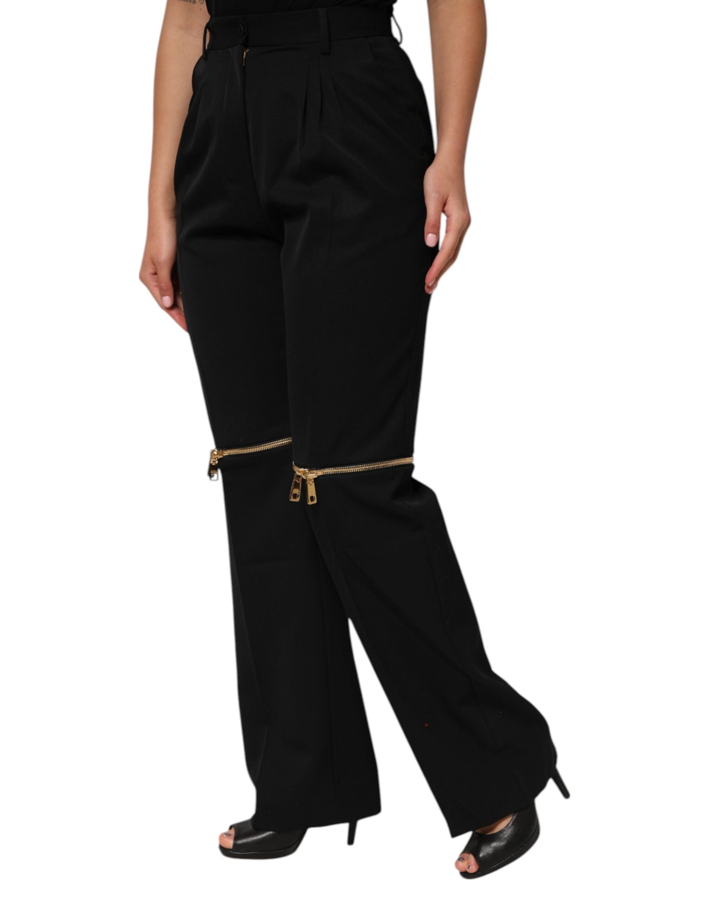 Dolce & Gabbana Black Zip Detailed Wool Straight Leg Pants