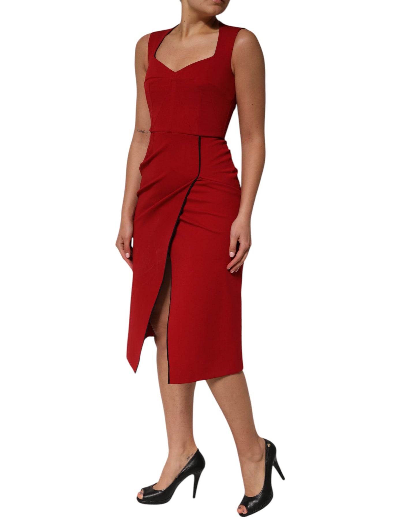 Dolce & Gabbana Red Viscose Stretch Slit Sheath Midi Dress