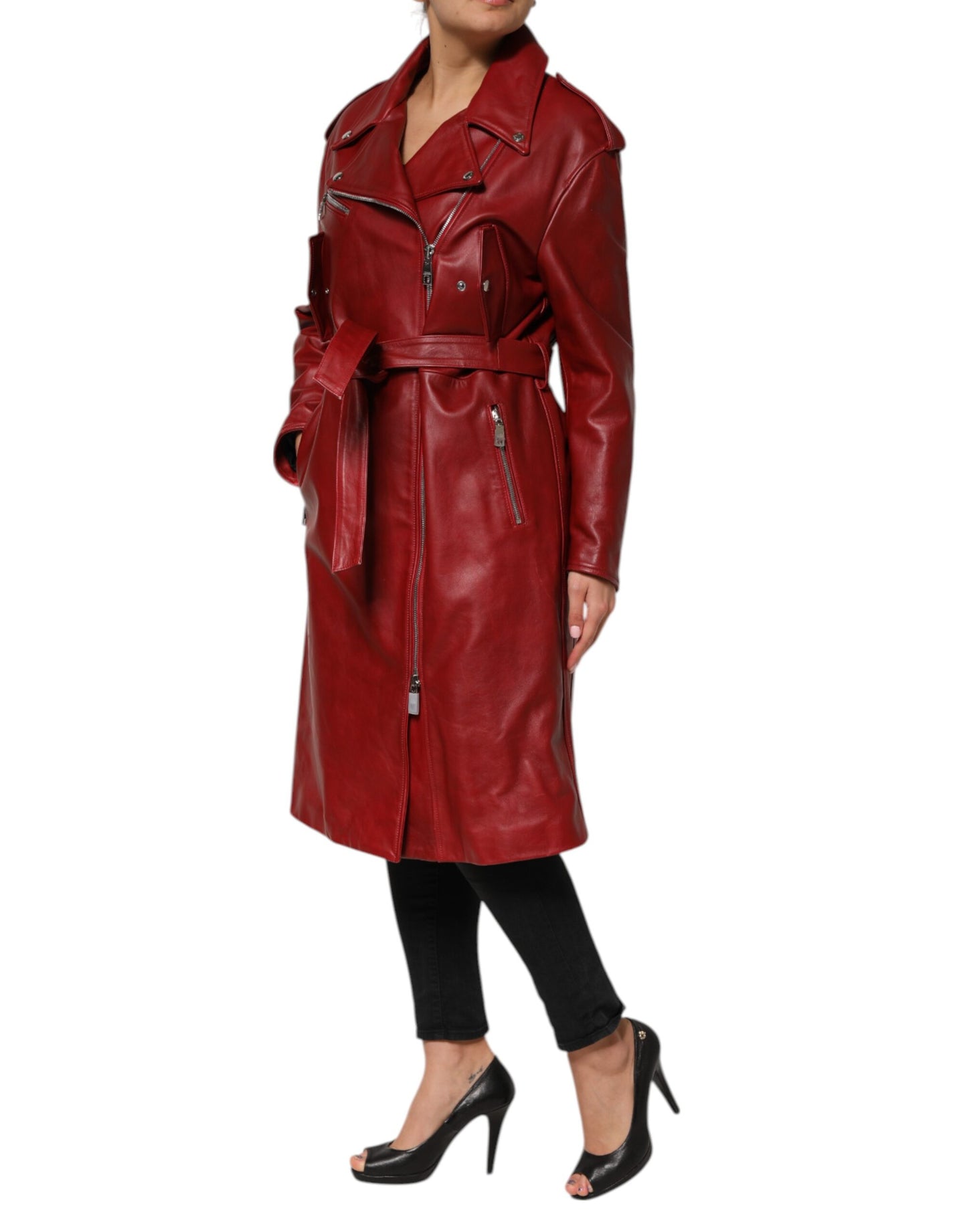 Dolce & Gabbana Red Leather Belted Full Zip Trench Coat Jacket