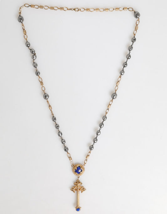 Dolce & Gabbana Gold Tone Beaded Chain Religious Cross Necklace