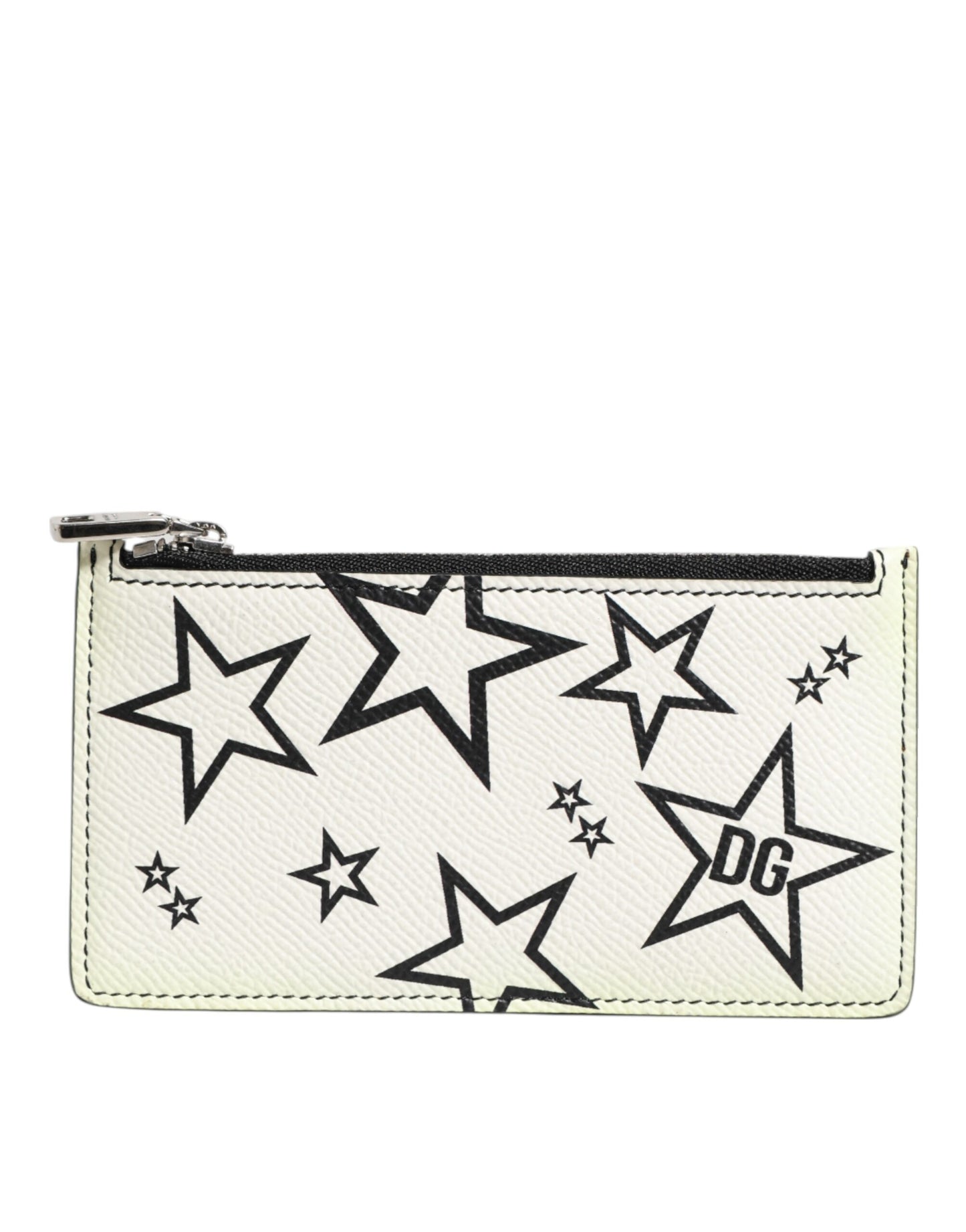 Dolce & Gabbana White Leather Douphin DG Logo Star Print Card Holder Wallet