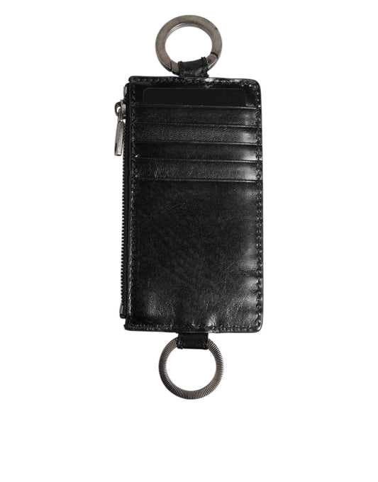 Dolce & Gabbana Black Leather Logo Embossed Lanyard Card Holde Wallet