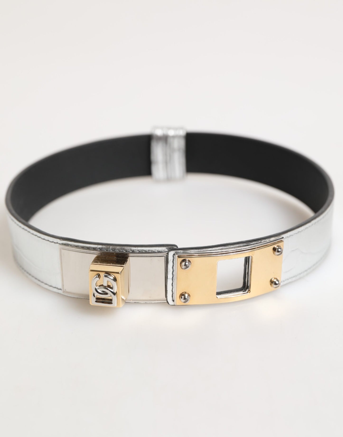 Dolce & Gabbana Silver Textured Leather Gold Tone Metal Neckband