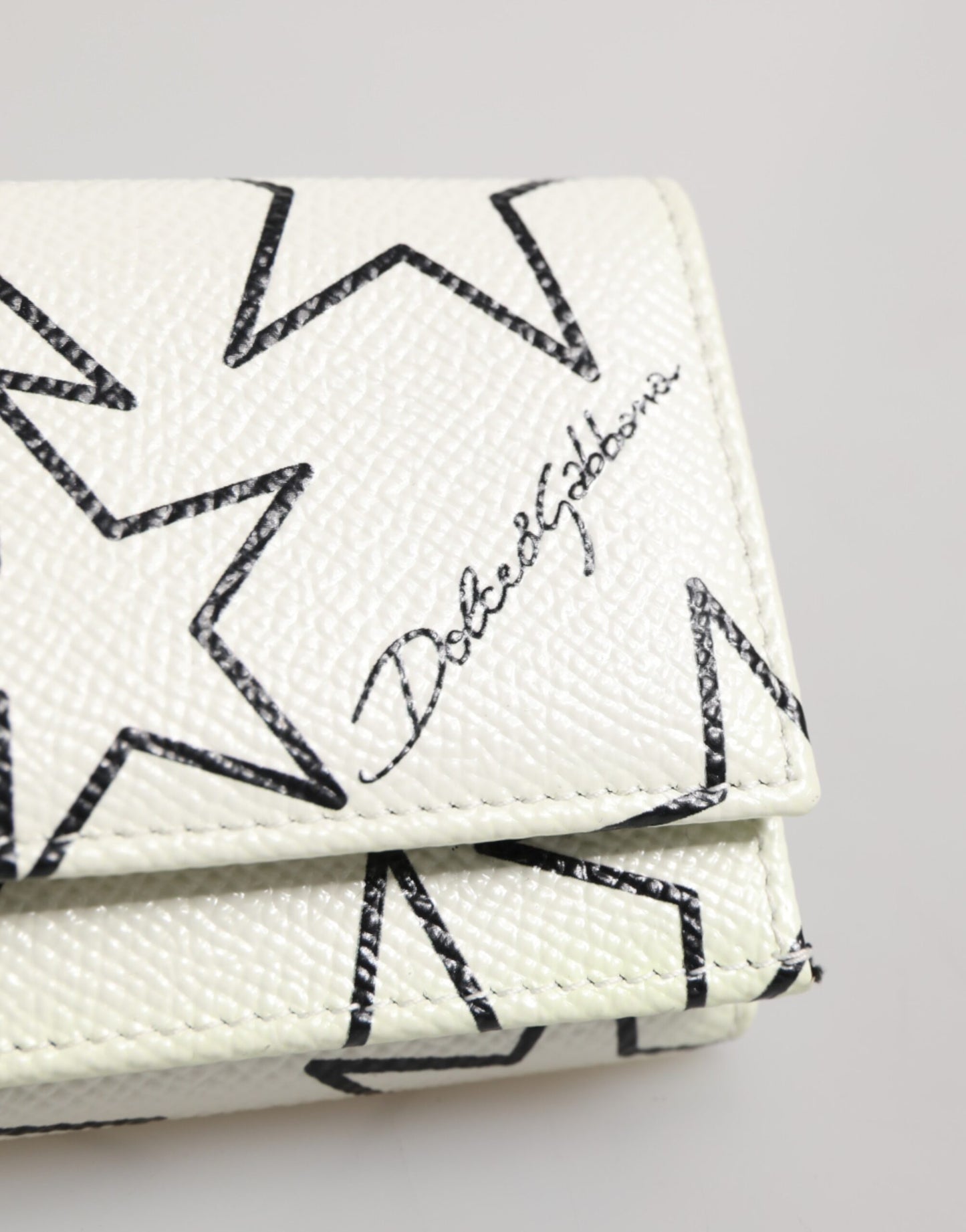 Dolce & Gabbana White Leather Trifold DG Star Print Card Holder Wallet