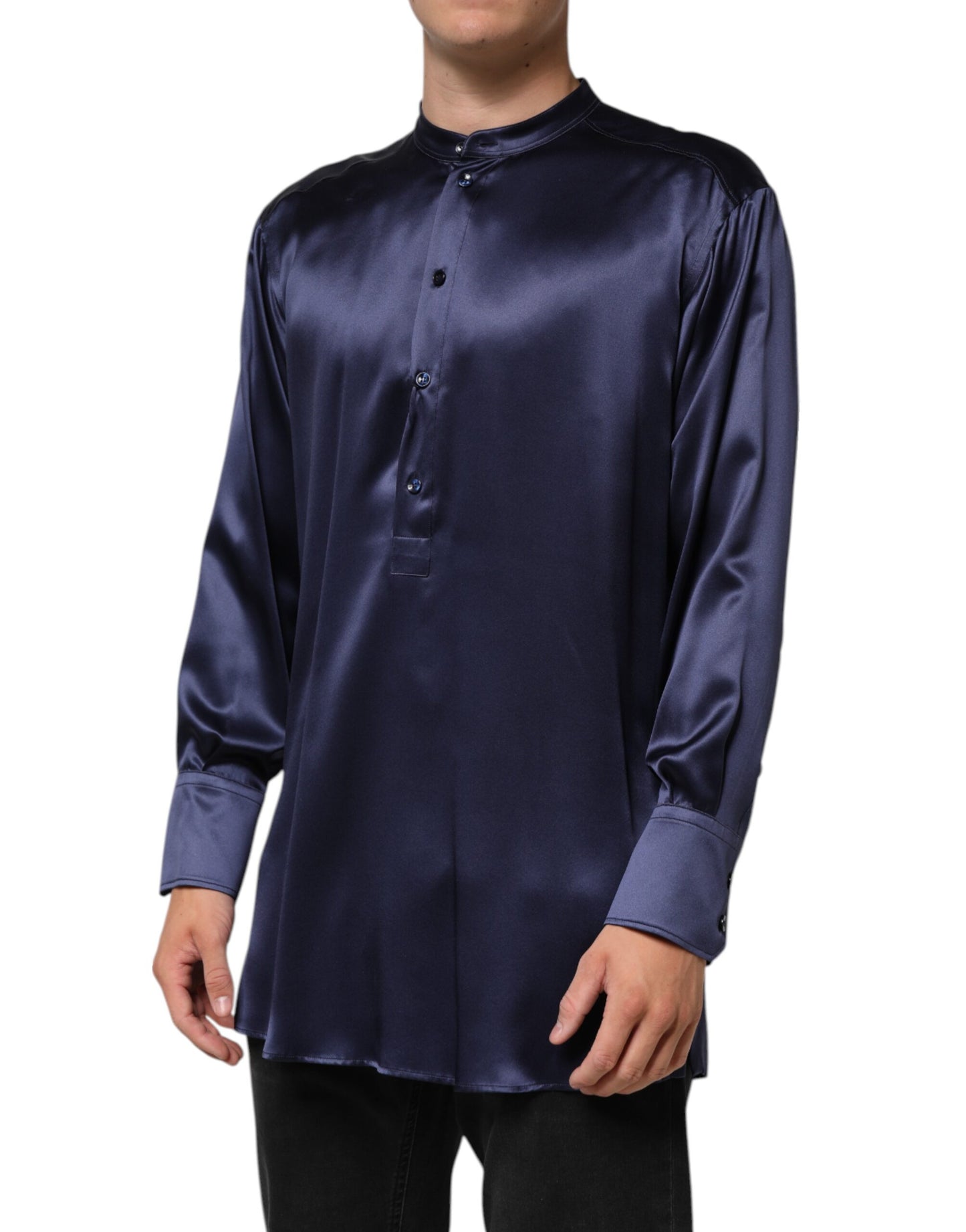 Dolce & Gabbana Navy Silk Long Sleeve Mandarin Collar Shirt