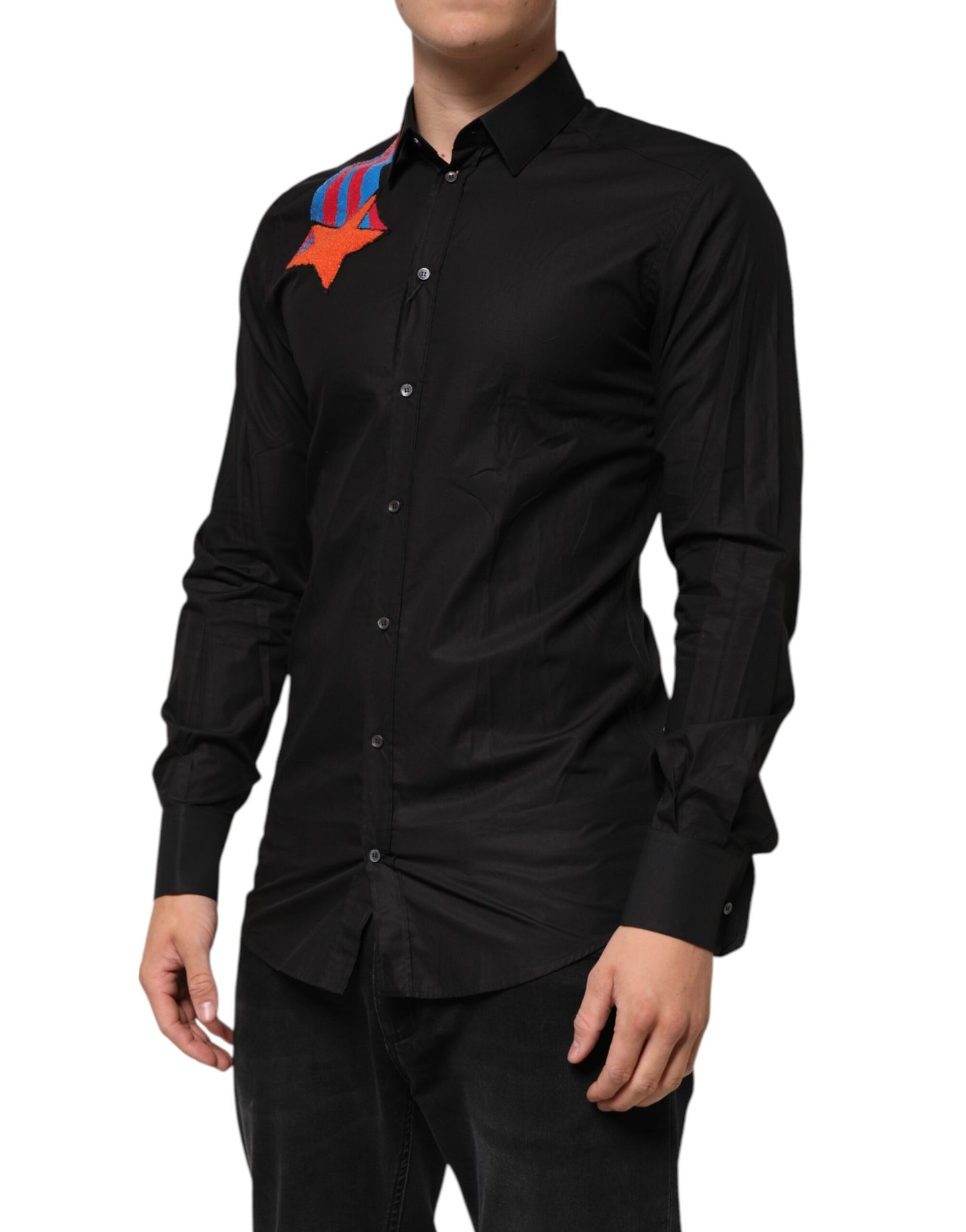 Dolce & Gabbana Black Cotton Star Sequin Dress Formal Men Shirt