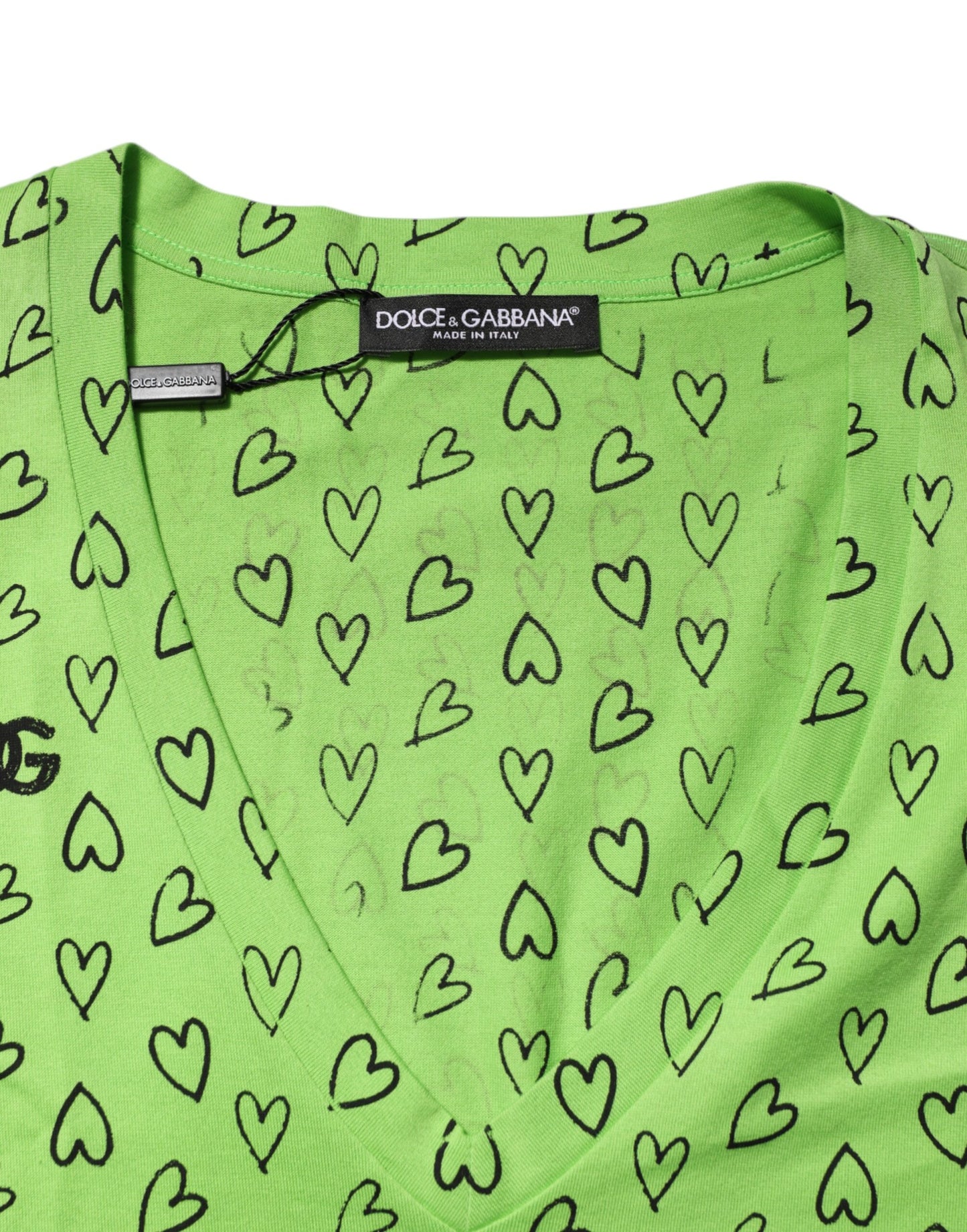 Dolce & Gabbana Green V-Neck DG Logo Heart Print T-shirt