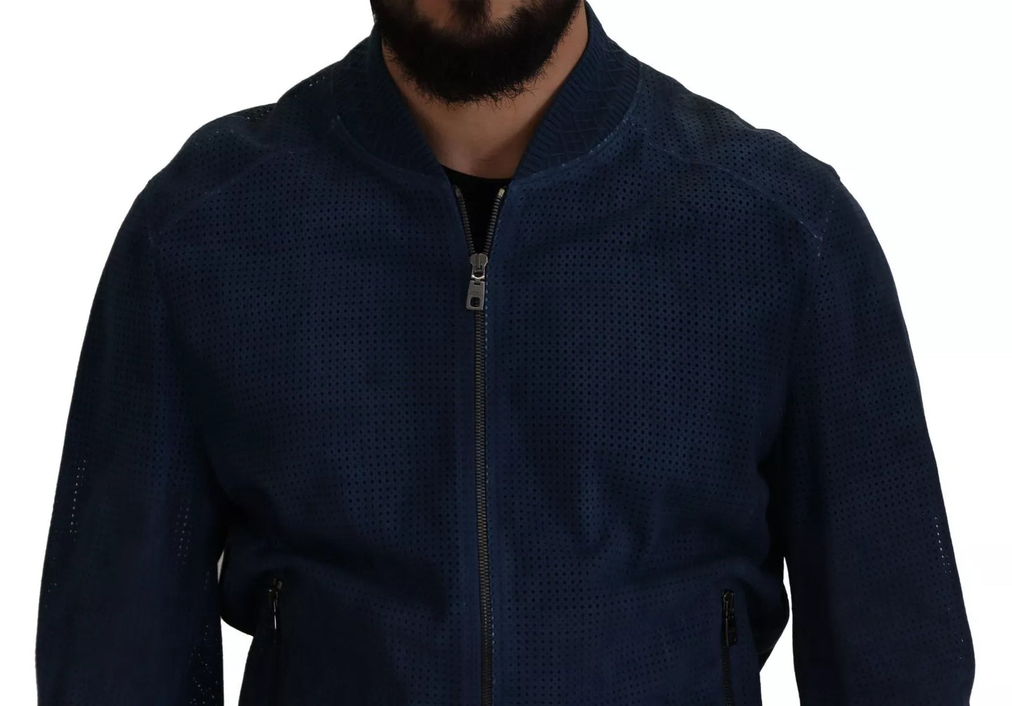 Dolce & Gabbana Blue Leather Perforated Full Zip Jacket
