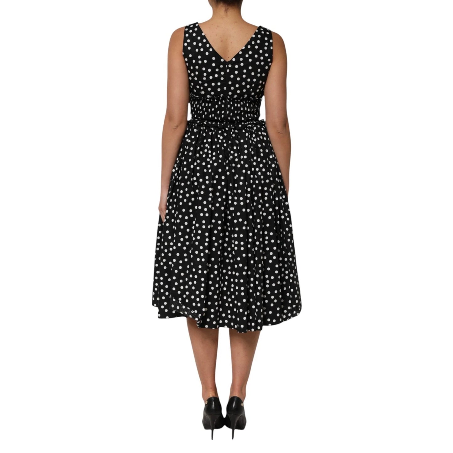 Dolce & Gabbana Black White Cotton Polka Dot Print V Neck Dress