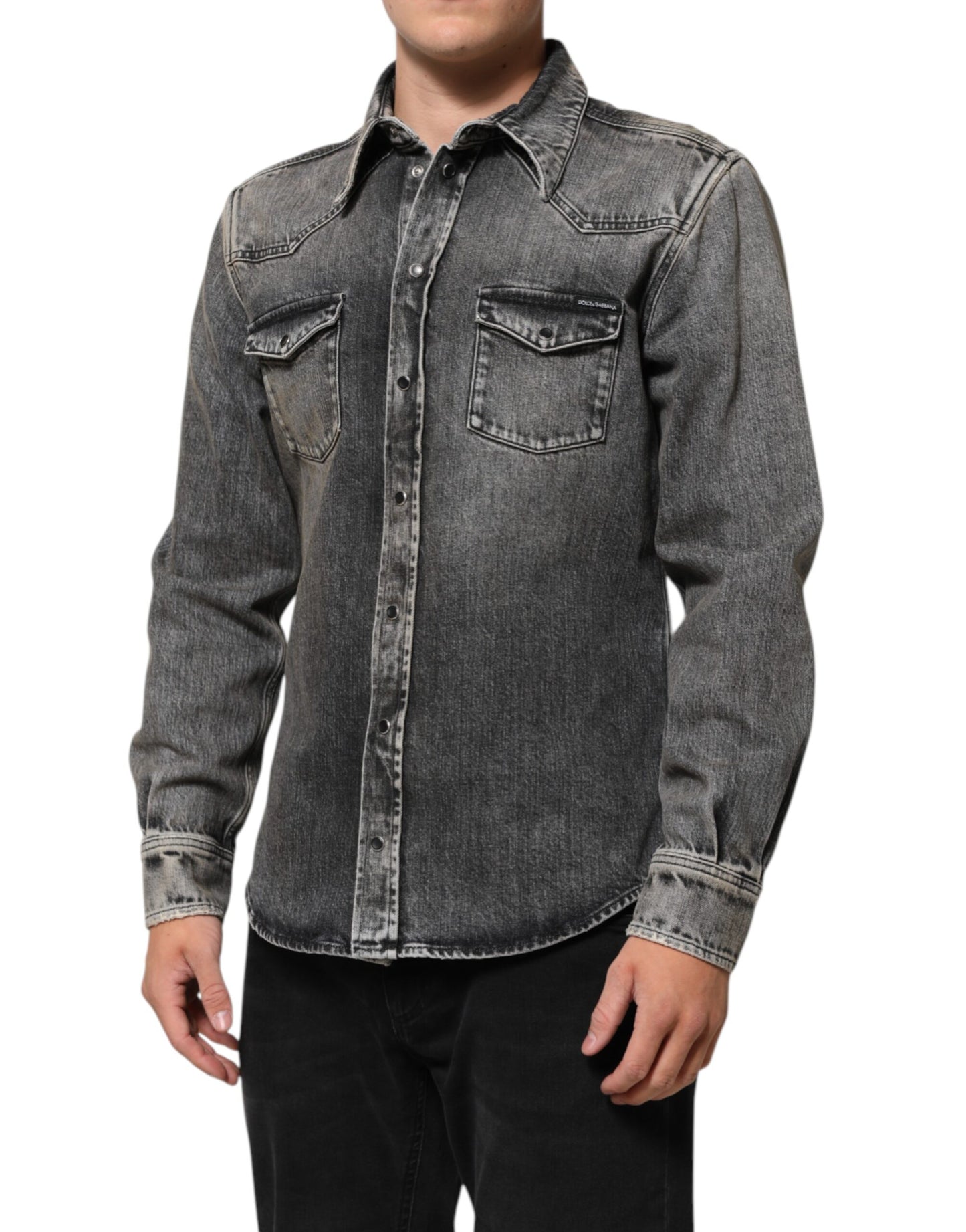 Dolce & Gabbana Black Washed Cotton Snap Long Sleeve Casual Shirt