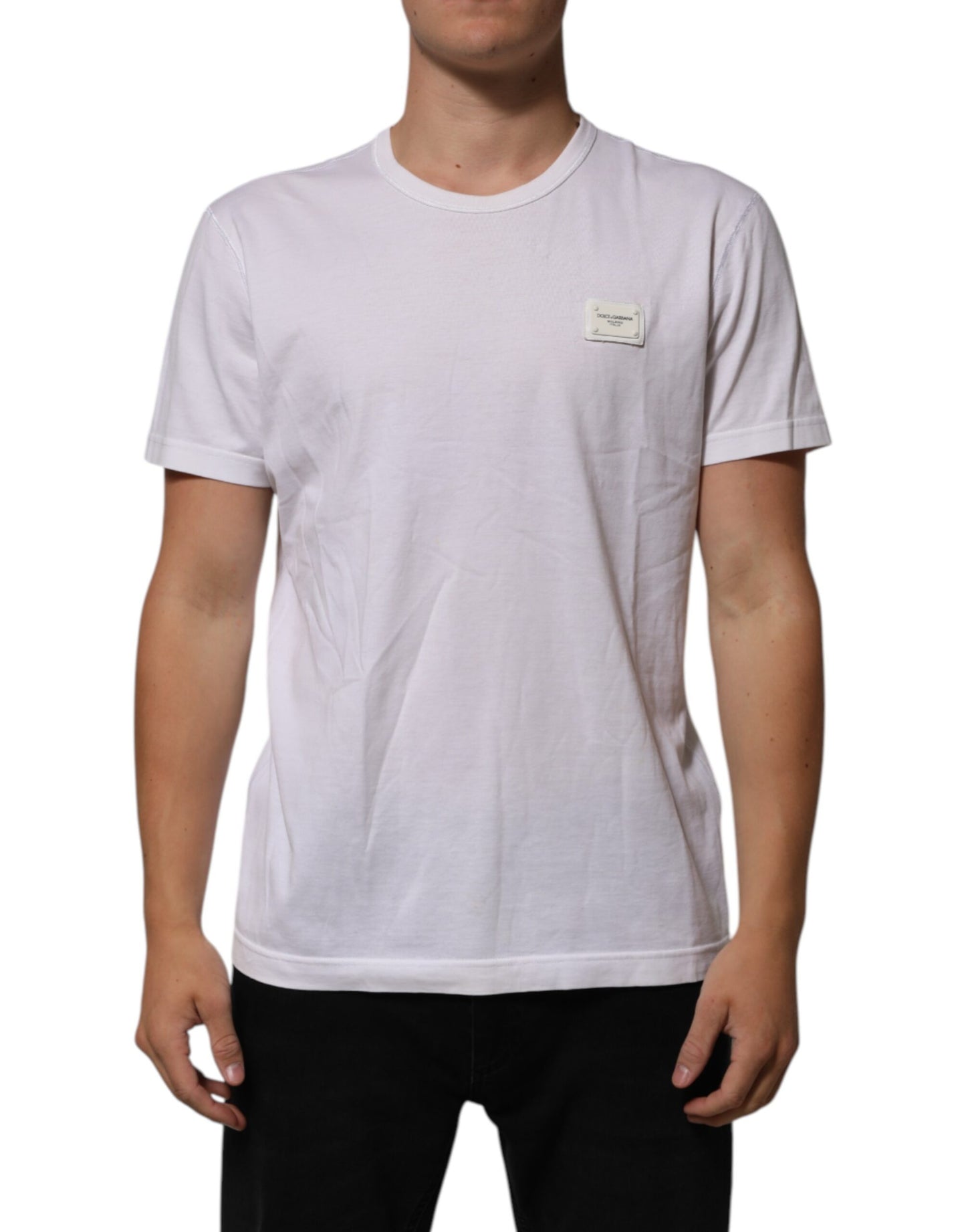 Dolce & Gabbana White Cotton Logo Patch Crew Neck Men T-shirt