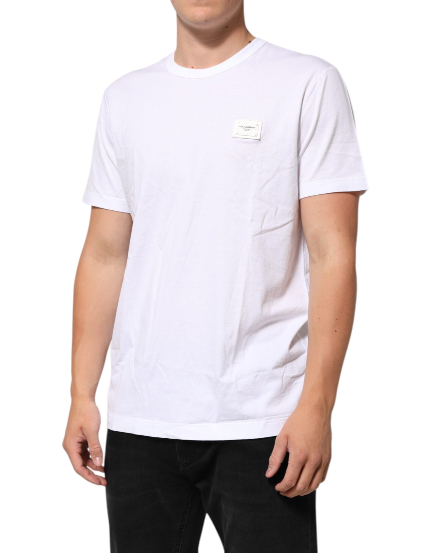 Dolce & Gabbana White Logo Plaque Cotton Crew Neck T-shirt