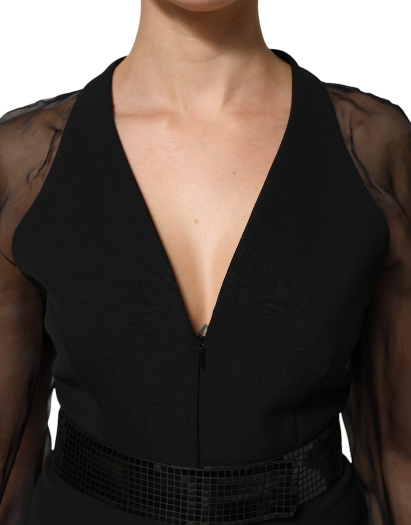 Emporio Armani Black Sheer Sleeve Belted V-Neck Mini Dress