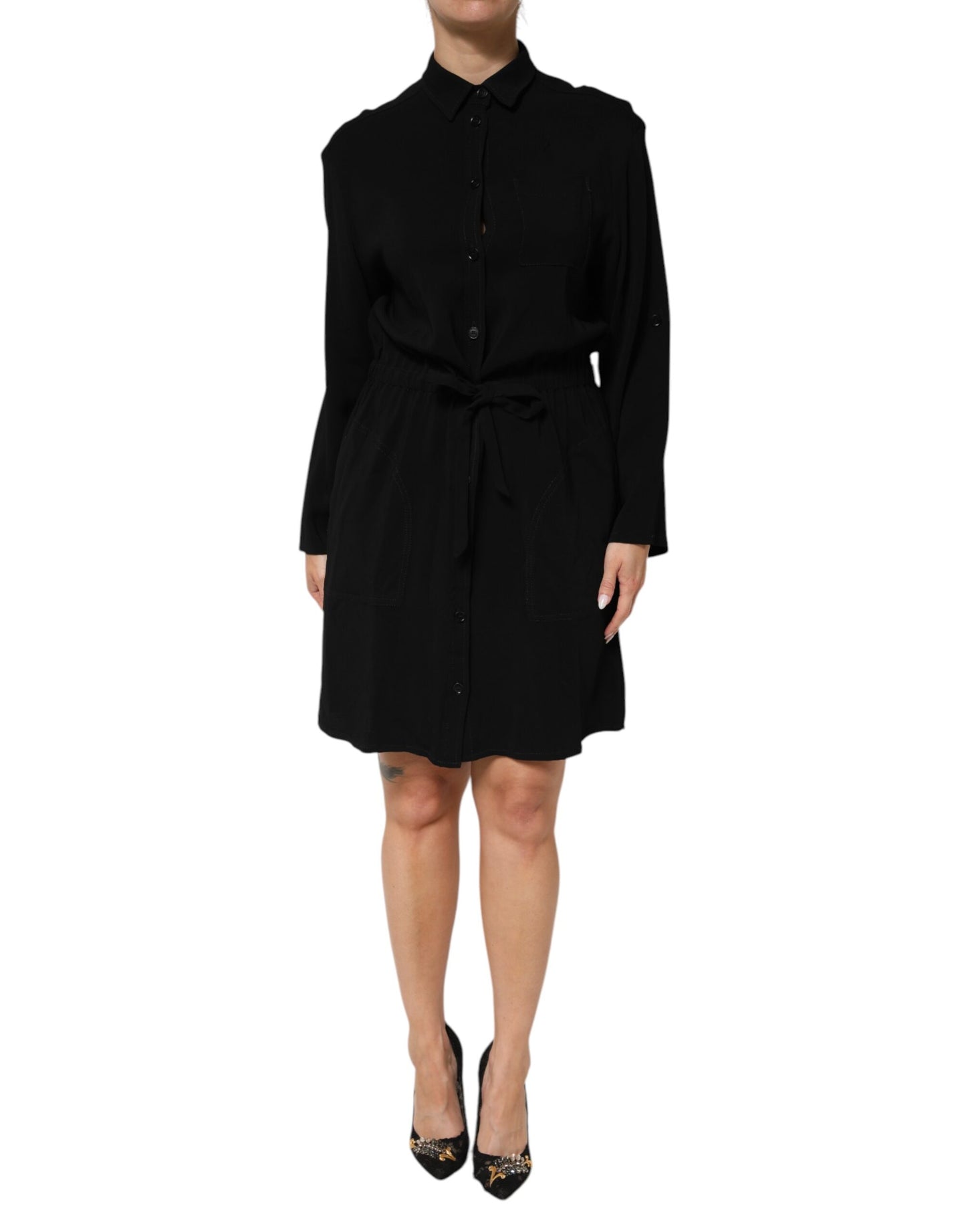 Emporio Armani Black Viscose Blend Shirt Style Belted  Dress
