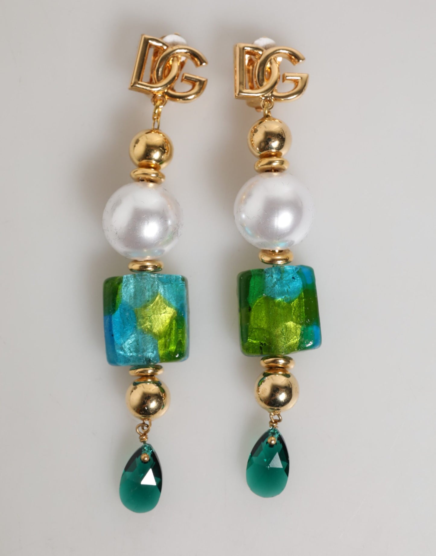 Dolce & Gabbana Gold Brass Multicolour Pearl Green Blue Drop Logo DG Earrings