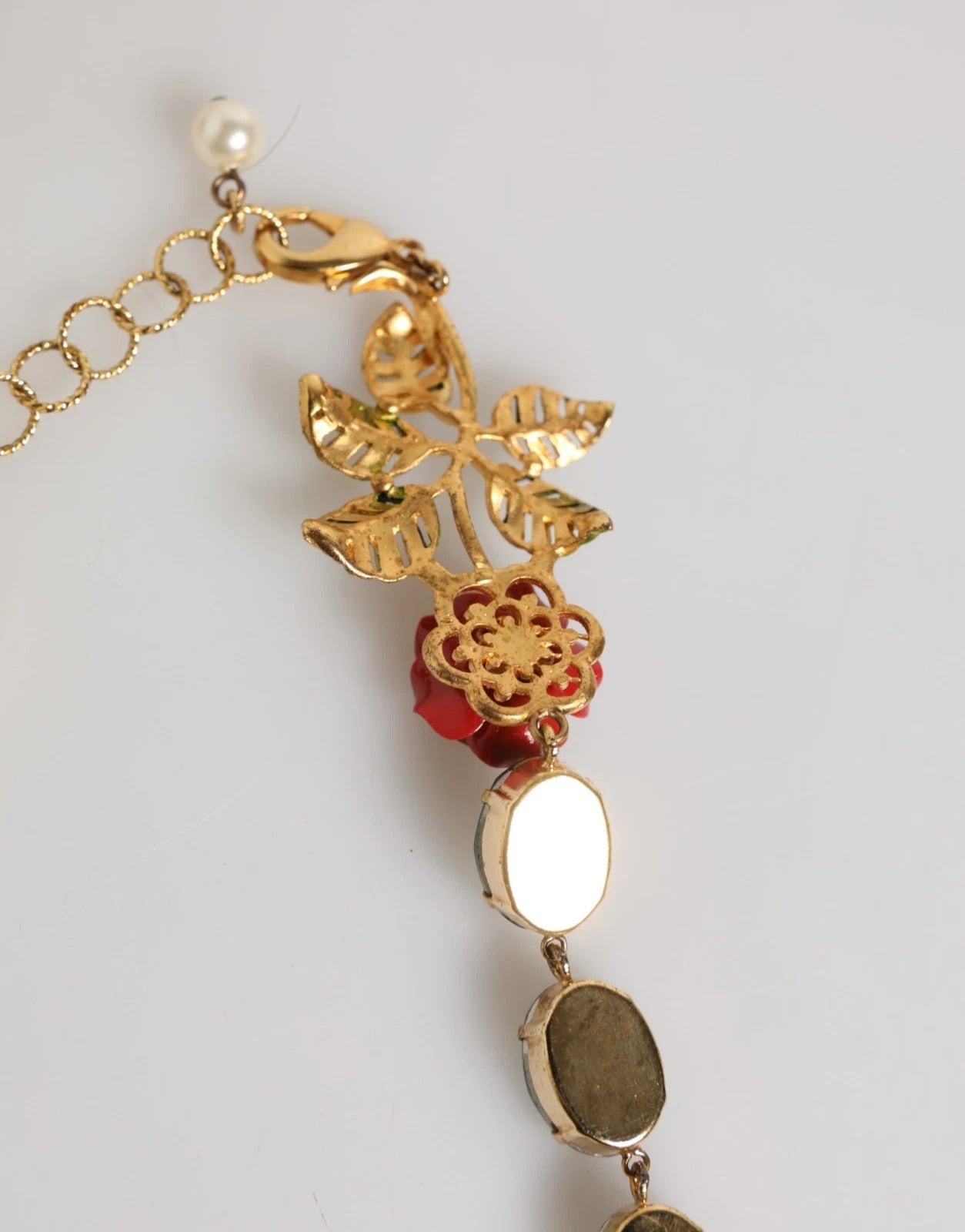 Dolce & Gabbana Red Rose Green Crystal Gold-Tone Chain Necklace
