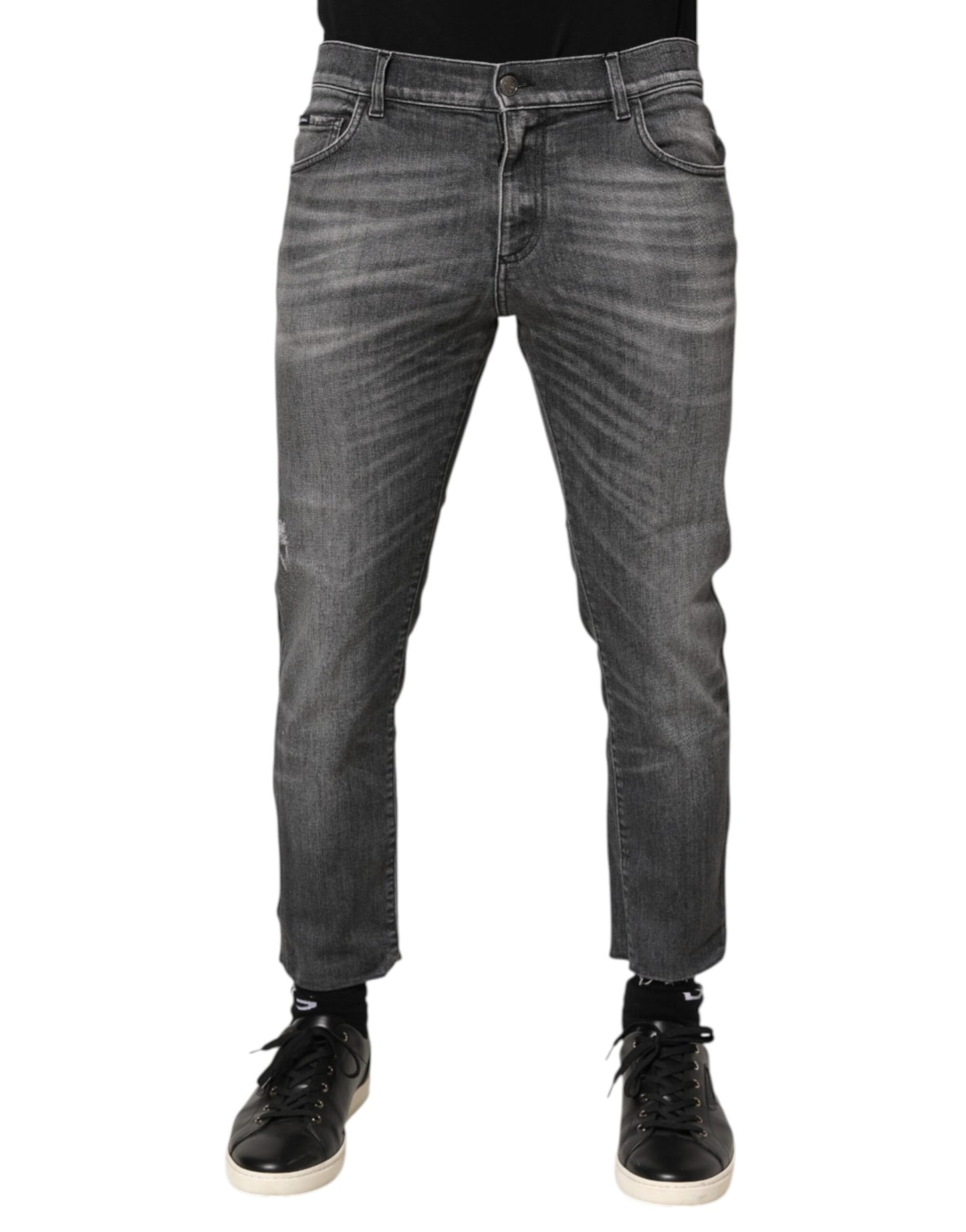 Dolce & Gabbana Grey Cotton Denim Slim Fit Distressed Pants Jeans