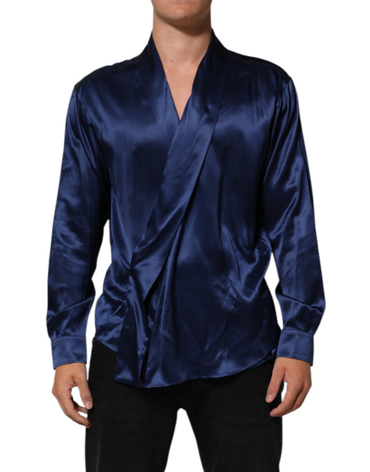 Dolce & Gabbana Blue Oversize Silk Satin Long Sleeves Shirt