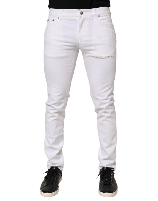 Dolce & Gabbana White Ripped Cotton Skinny Men Denim Jeans