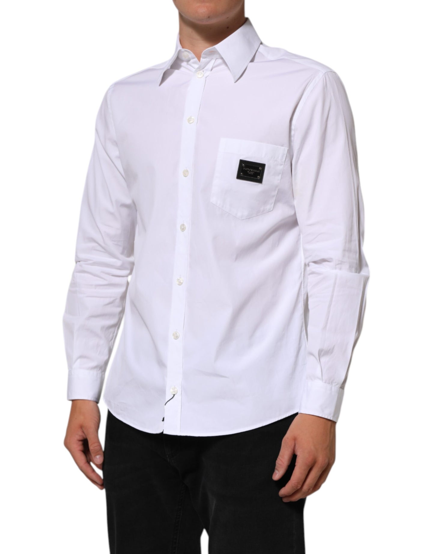 Dolce & Gabbana White Logo Plaque Collared Formal Dress  Shirt