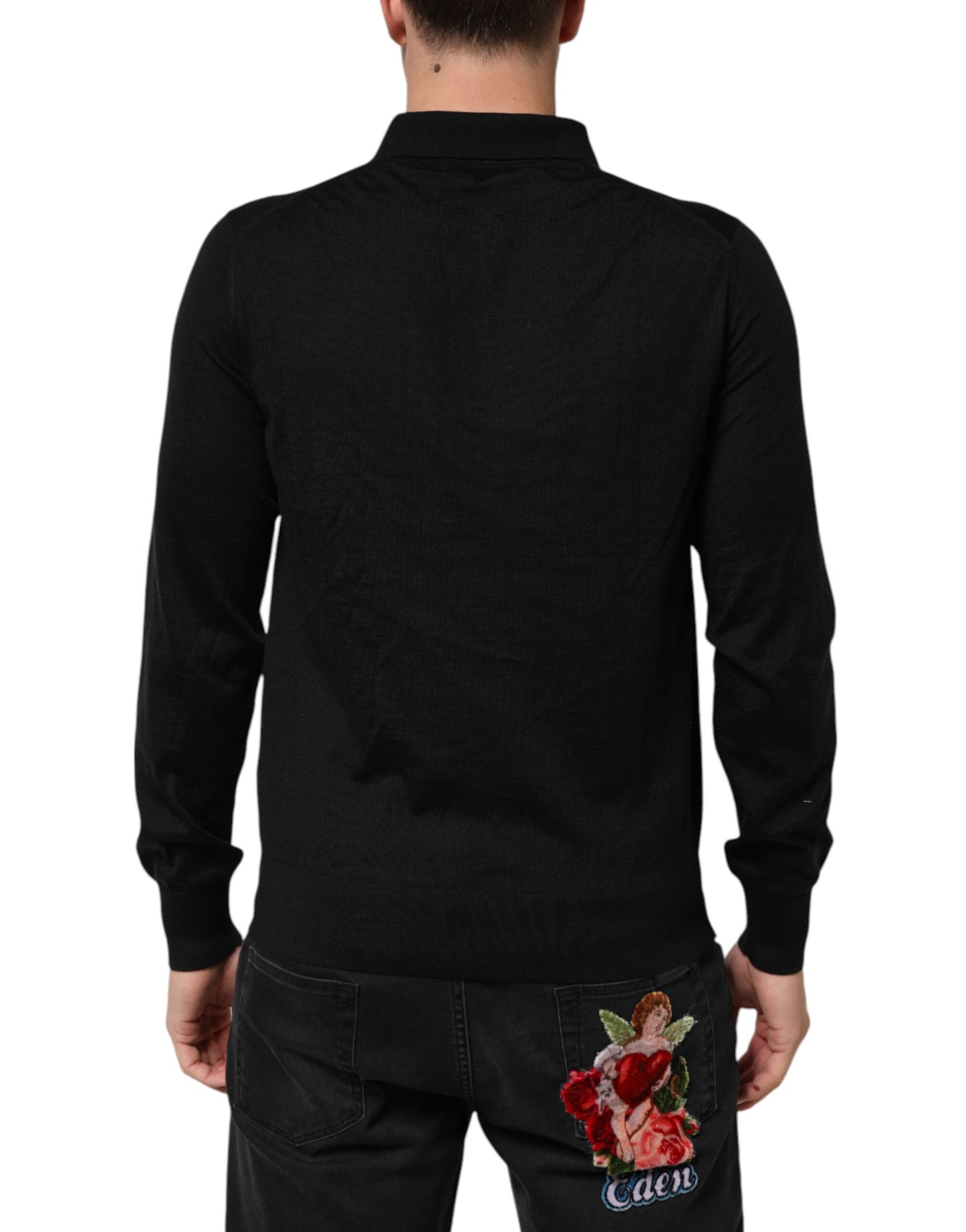 Dolce & Gabbana Black Logo Patch Collared Pullover Sweater