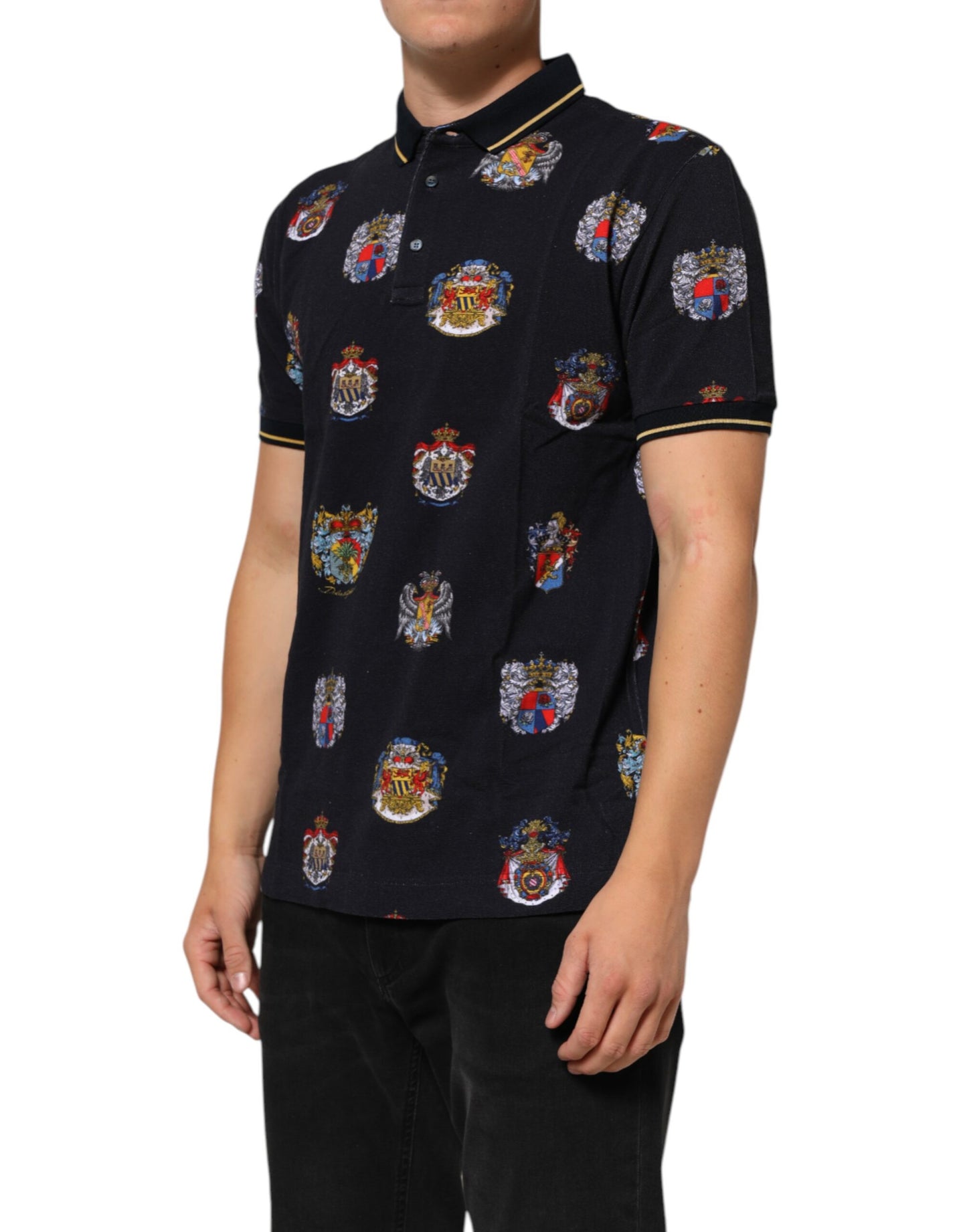 Dolce & Gabbana Blue Heraldic Crest Print Polo Shirt T-shirt