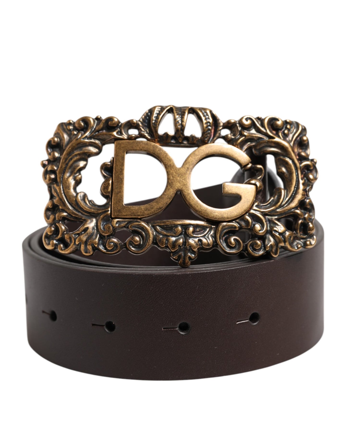 Dolce & Gabbana Brown Leather Baroque DG Gold Buckle Men Belt