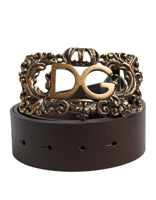 Dolce & Gabbana Brown Leather Baroque DG Gold Buckle Men Belt