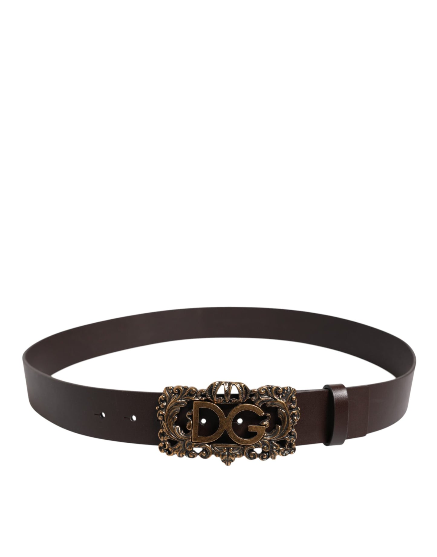Dolce & Gabbana Brown Leather Baroque DG Gold Buckle Men Belt