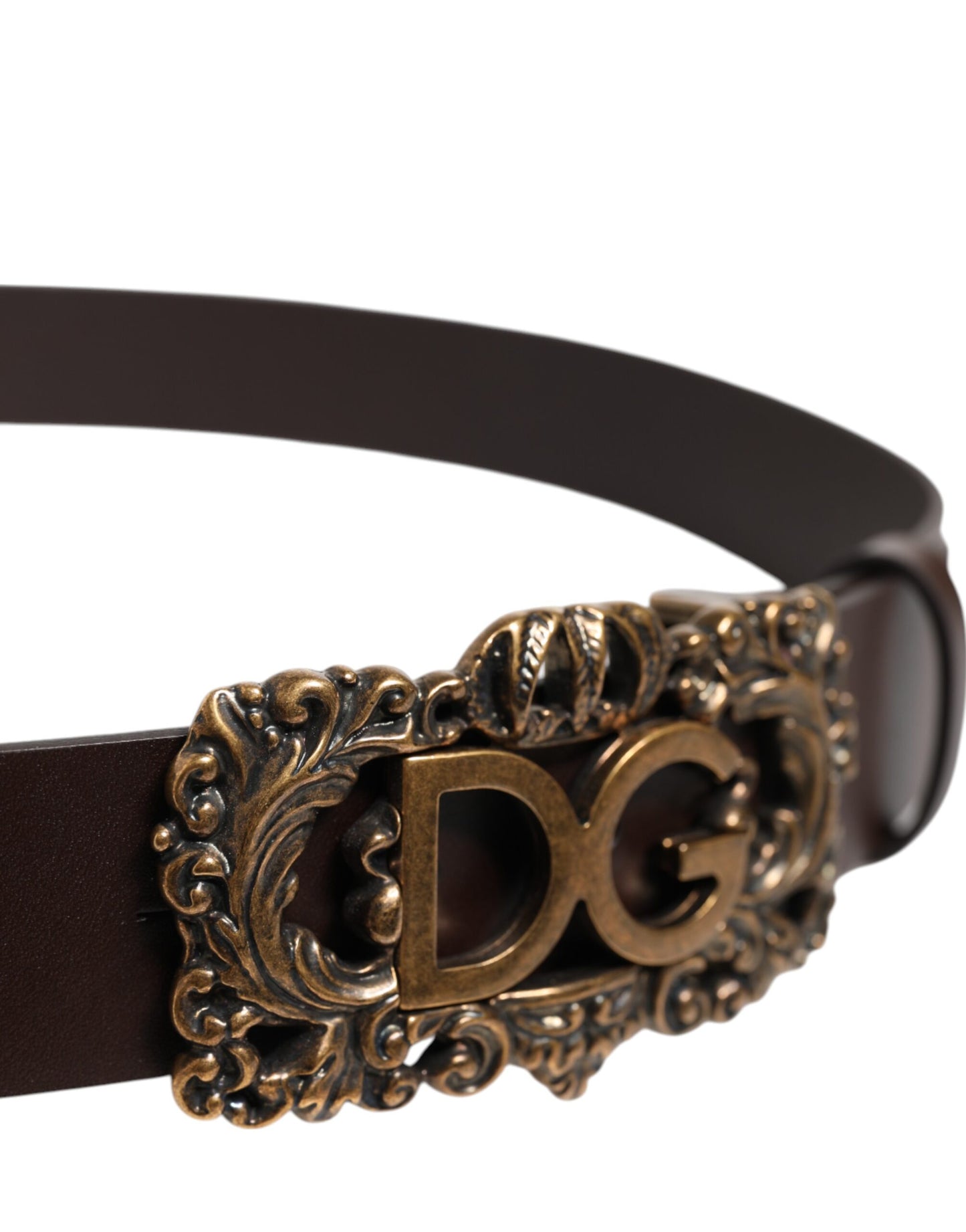 Dolce & Gabbana Brown Leather Baroque DG Gold Buckle Men Belt