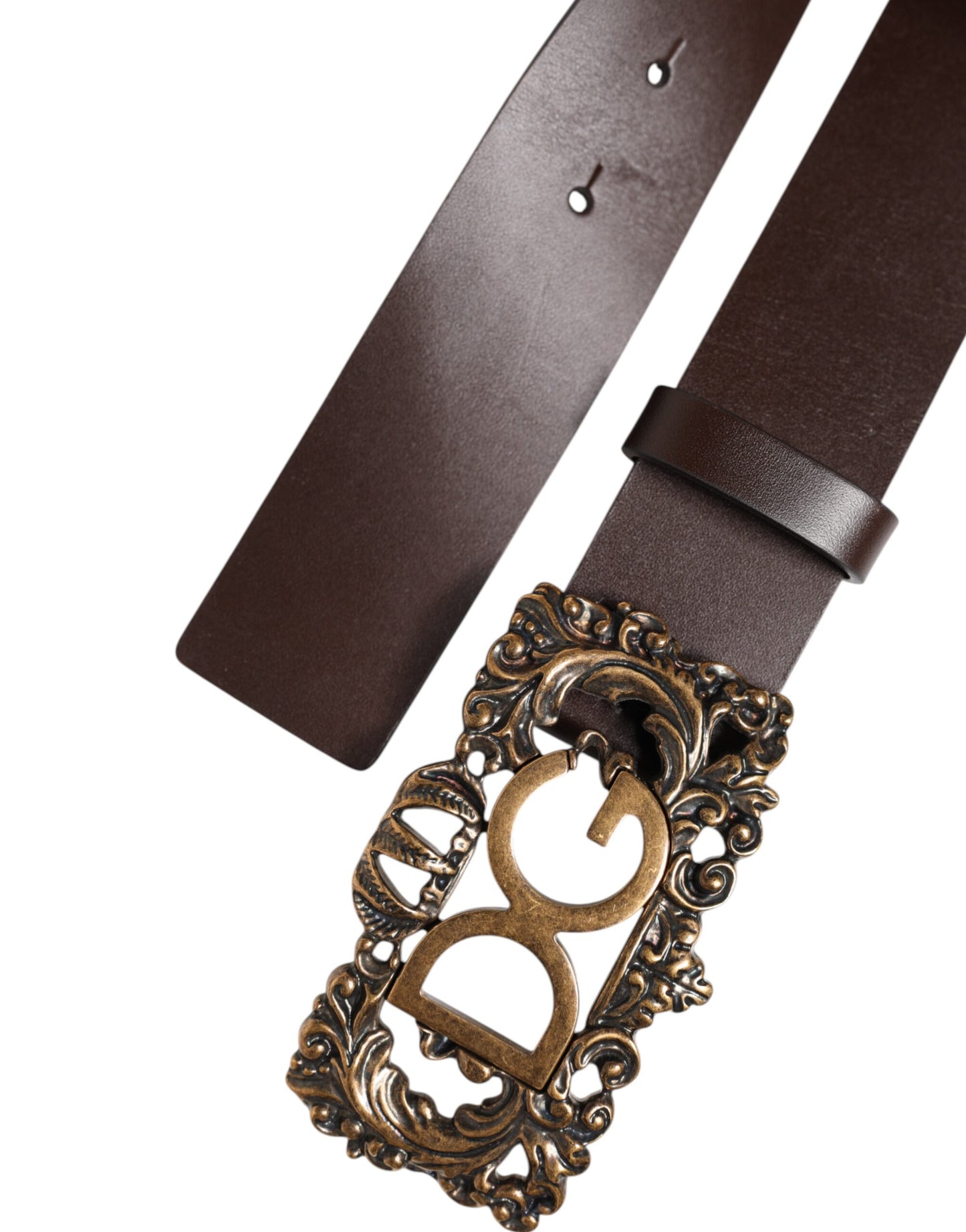 Dolce & Gabbana Brown Leather Baroque DG Gold Buckle Men Belt