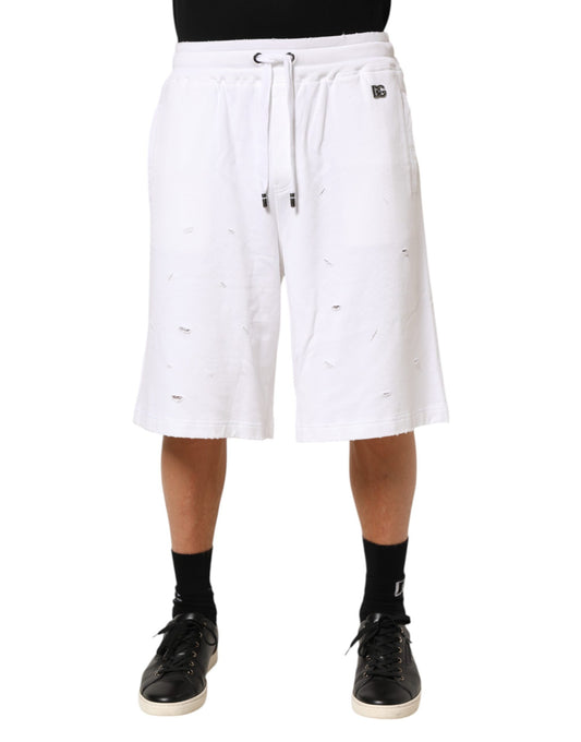 Dolce & Gabbana White Cotton Ripped Bermuda Sweatpants Shorts