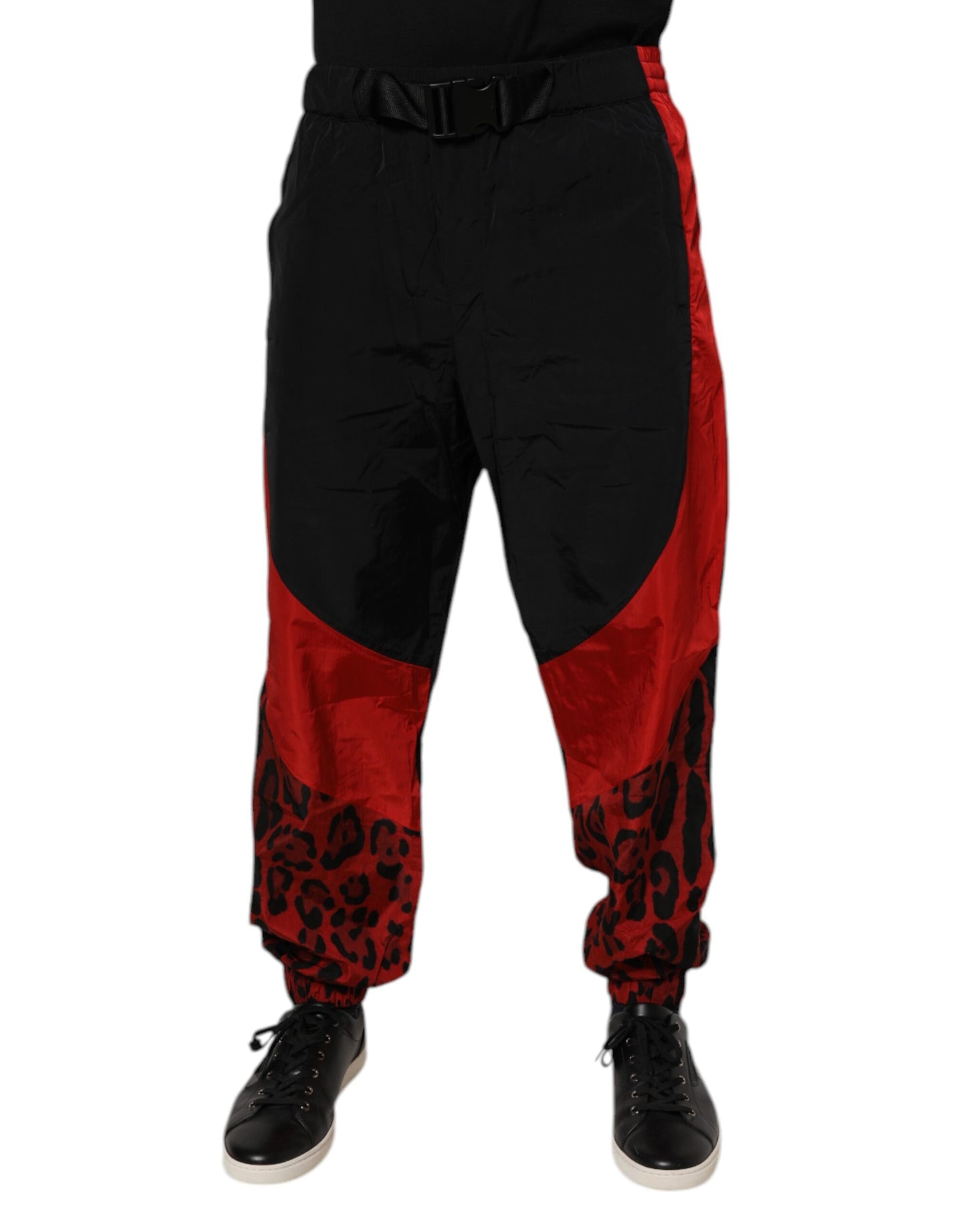 Dolce & Gabbana Black Red Leopard Print Nylon Jogger Pants