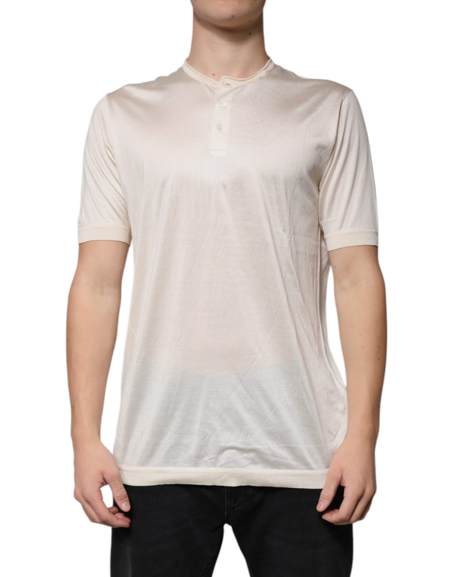 Dolce & Gabbana Off White Silk Henley Short Sleeves T-Shirt