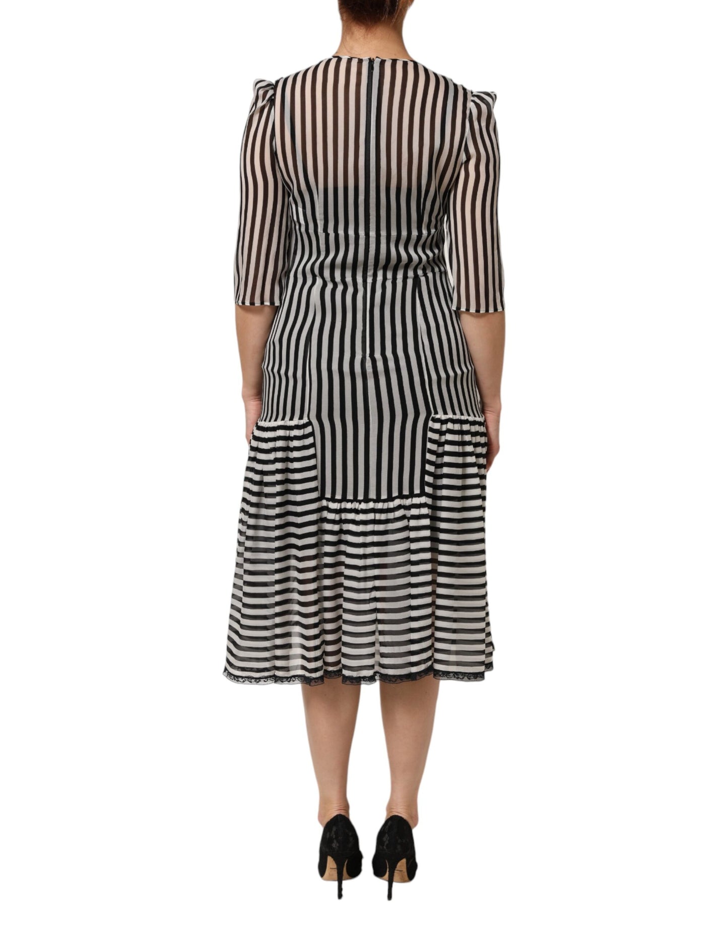 Dolce & Gabbana Black White Stripes Silk V-neck Midi Dress