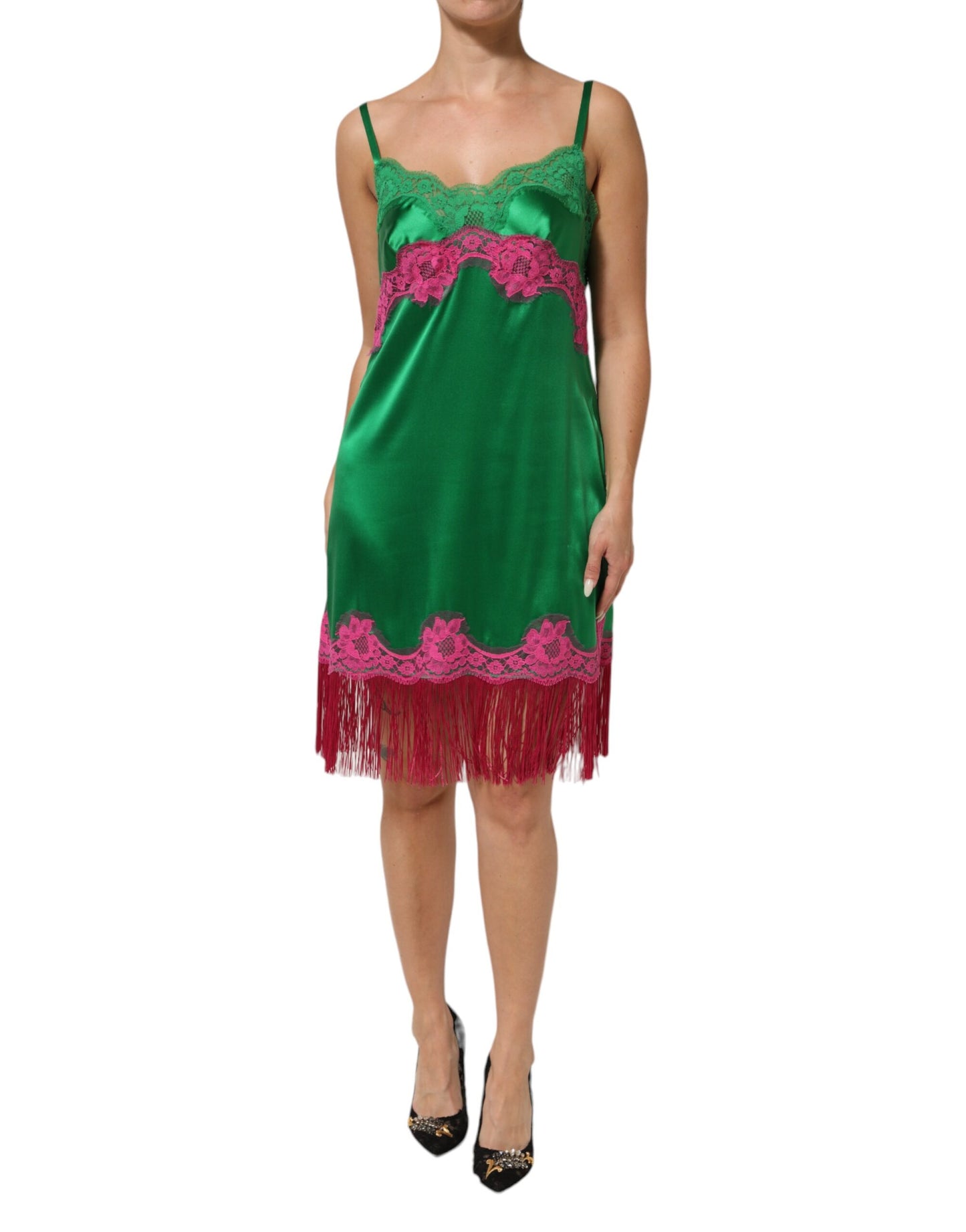 Dolce & Gabbana Green Floral Lace Fringes Lingerie Dress