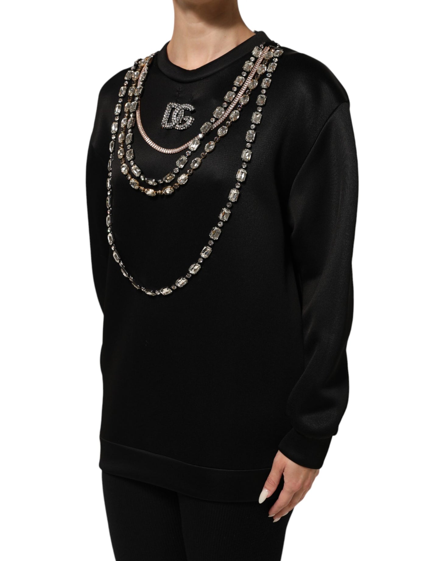 Dolce & Gabbana Black Necklace Crystal DG Logo Sweatshirt Sweater