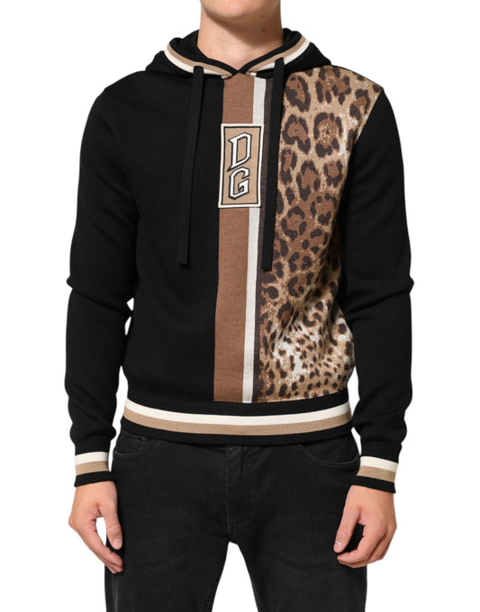 Dolce & Gabbana Black Leopard Logo Hooded Sweatshirt Sweater